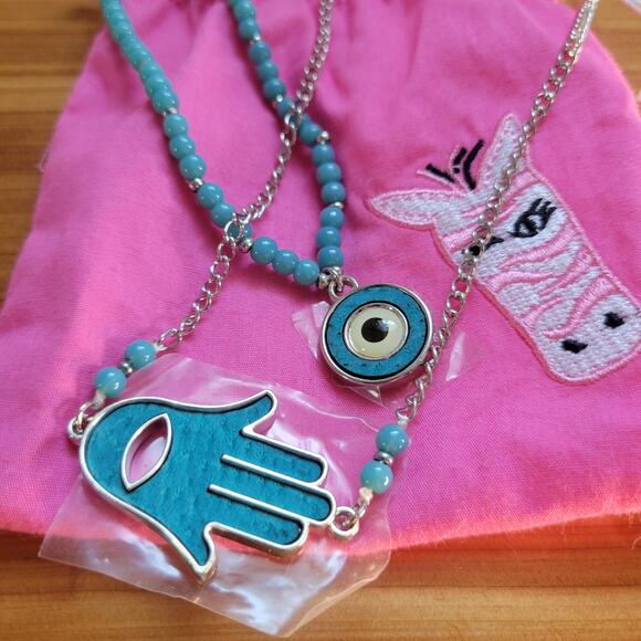 Evil Eye Hand Jewelry Set – Necklace & Bracelet with Blue Beads – New in Pouch - Picture 6 of 10